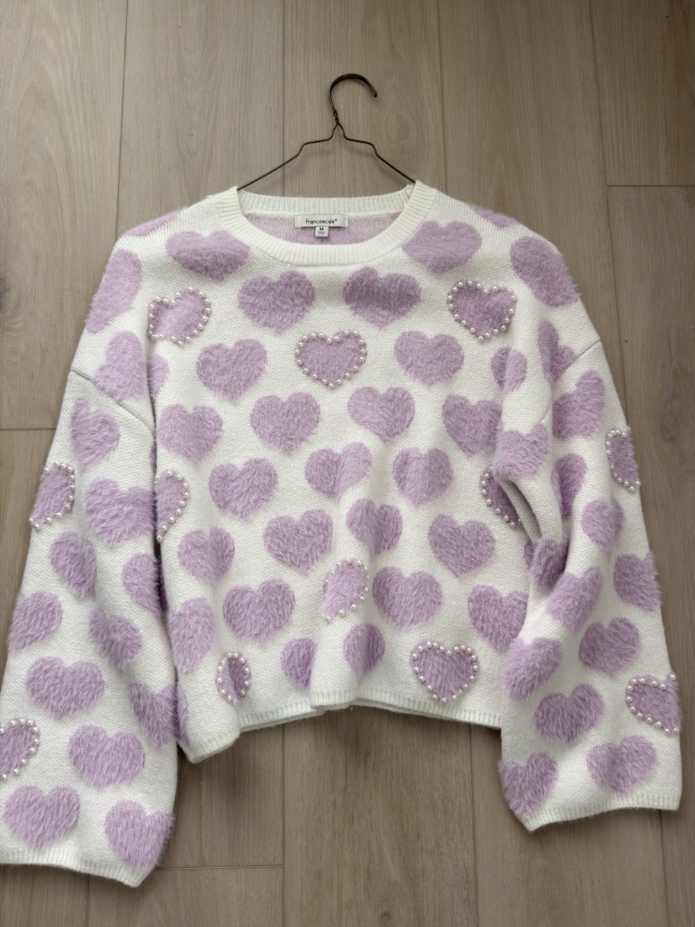 Francesca's White Sweater with Lavender Heart Details